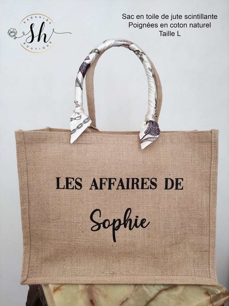 Sac en jute personnalisé-Scintillant/Bicolore/Gris/Avec poche en coton-Option foulard Cadeau personnalisé Maman Mamie Marraine Maitresse Scintillant Taille L