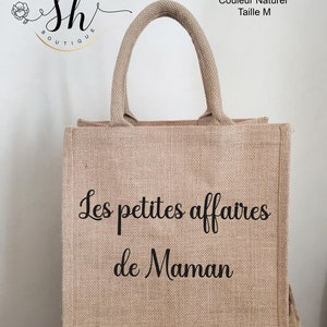 Sac en jute personnalisé-Scintillant/Bicolore/Gris/Avec poche en coton-Option foulard Cadeau personnalisé Maman Mamie Marraine Maitresse Beige Taille M