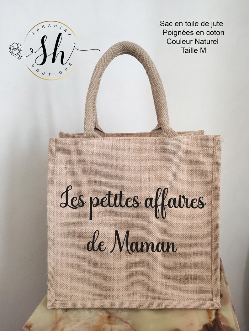 Sac en jute personnalisé-Scintillant/Bicolore/Gris/Avec poche en coton-Option foulard Cadeau personnalisé Maman Mamie Marraine Maitresse Beige Taille M