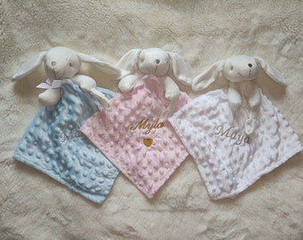 Doudou lapinou bleu/blanc/rose/Or rose/jaune/vert brodée et/ou Plaid personnalisé broderie-Doudou personnalisé broderie-Doudou lapin/Ourson