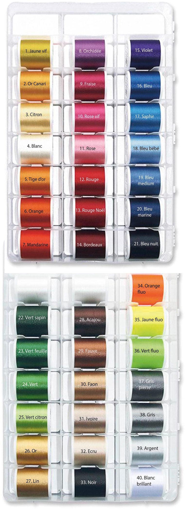 May include: A clear plastic organizer filled with 40 spools of colorful thread. Each spool is labeled with a color name, including shades of yellow, orange, red, blue, green, and neutral tones. The thread is likely for sewing or embroidery.