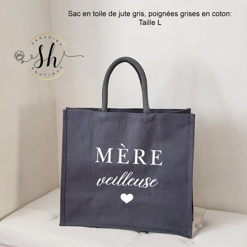 Sac en jute personnalisé-Scintillant/Bicolore/Gris/Avec poche en coton-Option foulard Cadeau personnalisé Maman Mamie Marraine Maitresse Gris Taille L