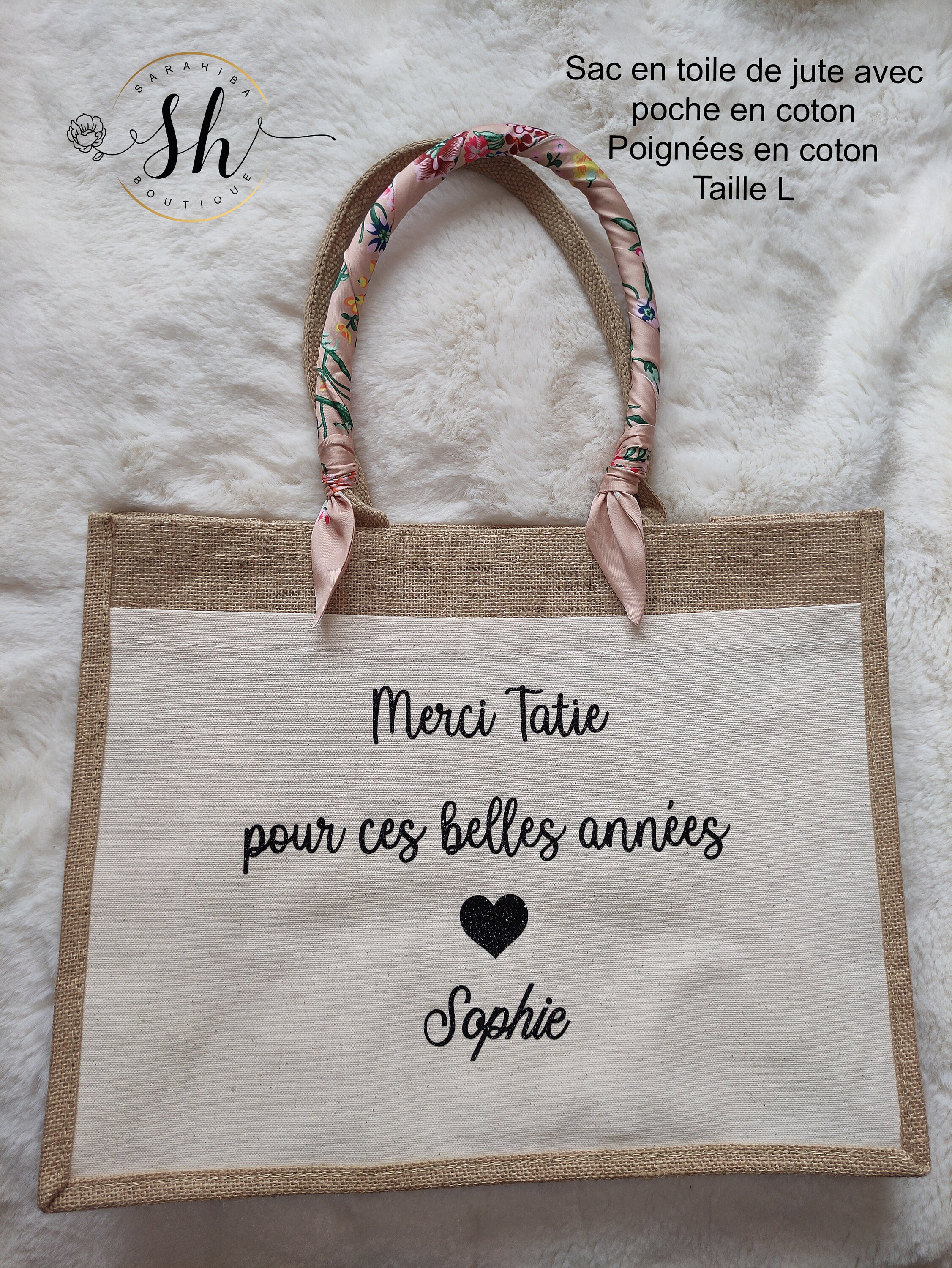 Personalized Jute bag-Sparkling/Two-tone/Grey/With Cotton Pocket -Sizes S-M-L - Scarf Option- Christmas Gift