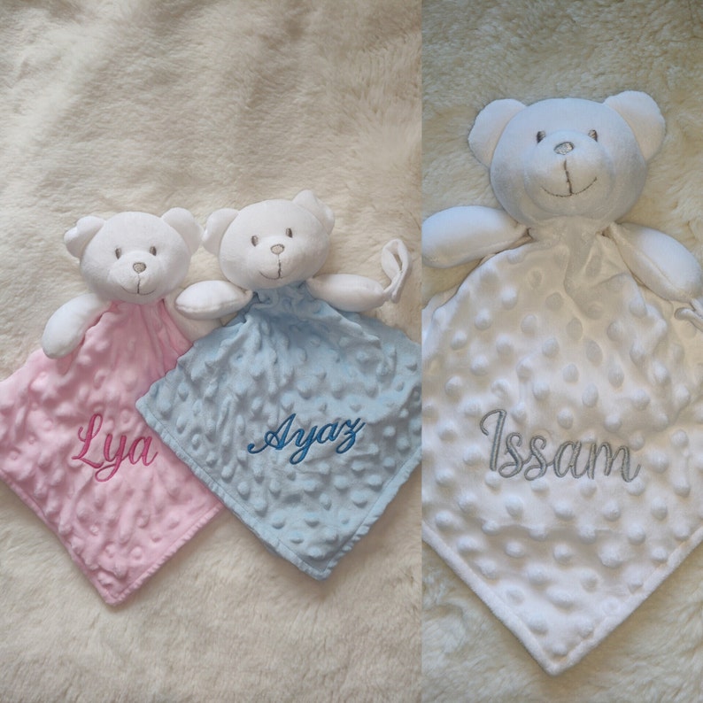 Doudou lapinou bleu/blanc/rose/Or rose/jaune/vert brodée et/ou Plaid personnalisé broderie-Doudou cadeau naissance-Doudou lapin/Ourson image 6