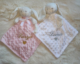 Doudou lapinou bleu/blanc/rose/Or rose/jaune/vert brodée et/ou Plaid personnalisé broderie-Doudou cadeau naissance-Doudou lapin/Ourson