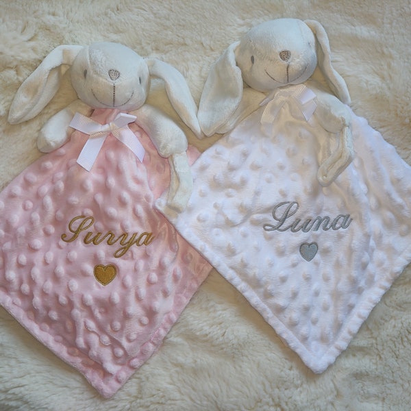 Doudou lapinou bleu/blanc/rose/Or rose/jaune/vert brodée et/ou Plaid personnalisé broderie-Doudou cadeau naissance-Doudou lapin/Ourson