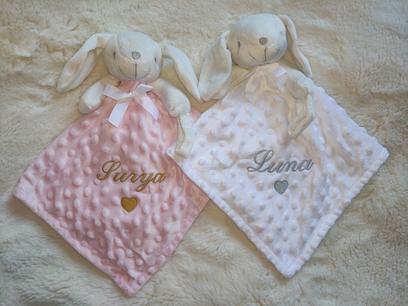 Doudou lapinou bleu/blanc/rose/Or rose/jaune/vert brodée et/ou Plaid personnalisé broderie-Doudou cadeau naissance-Doudou lapin/Ourson image 1