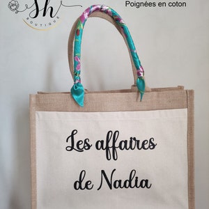 Sac en jute personnalisé-Scintillant/Bicolore/Gris/Avec poche en coton-Option foulard Cadeau personnalisé Maman Mamie Marraine Maitresse Poche Taille L