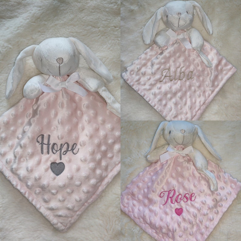 Doudou lapinou bleu/blanc/rose/Or rose/jaune/vert brodée et/ou Plaid personnalisé broderie-Doudou cadeau naissance-Doudou lapin/Ourson Lapin Rose