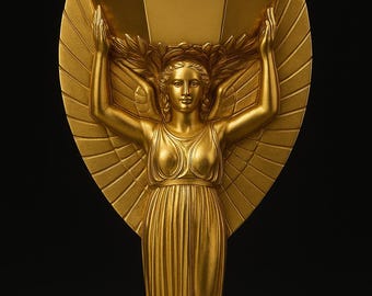 May include: A gold-colored trophy featuring a winged female figure holding a cup aloft. The base of the trophy has the word "FIFA" embossed. The figure is in a flowing gown, with arms raised, and is set against a fan-shaped backdrop.
