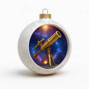 Può includere: Una palla di Natale bianca con un telescopio dorato all'interno, su uno sfondo stellato. L'ornamento ha un cappuccio dorato e motivi a fiocco di neve. Il telescopio è su un treppiede.