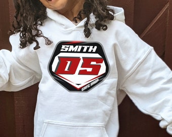 Motocross personalisierte Rennplatte Jugend Hoodie, Dirt Bike Kinder Renntag Pullover Hoodie, Jugend MX Rennbekleidung, Moto Kinder Geschenk