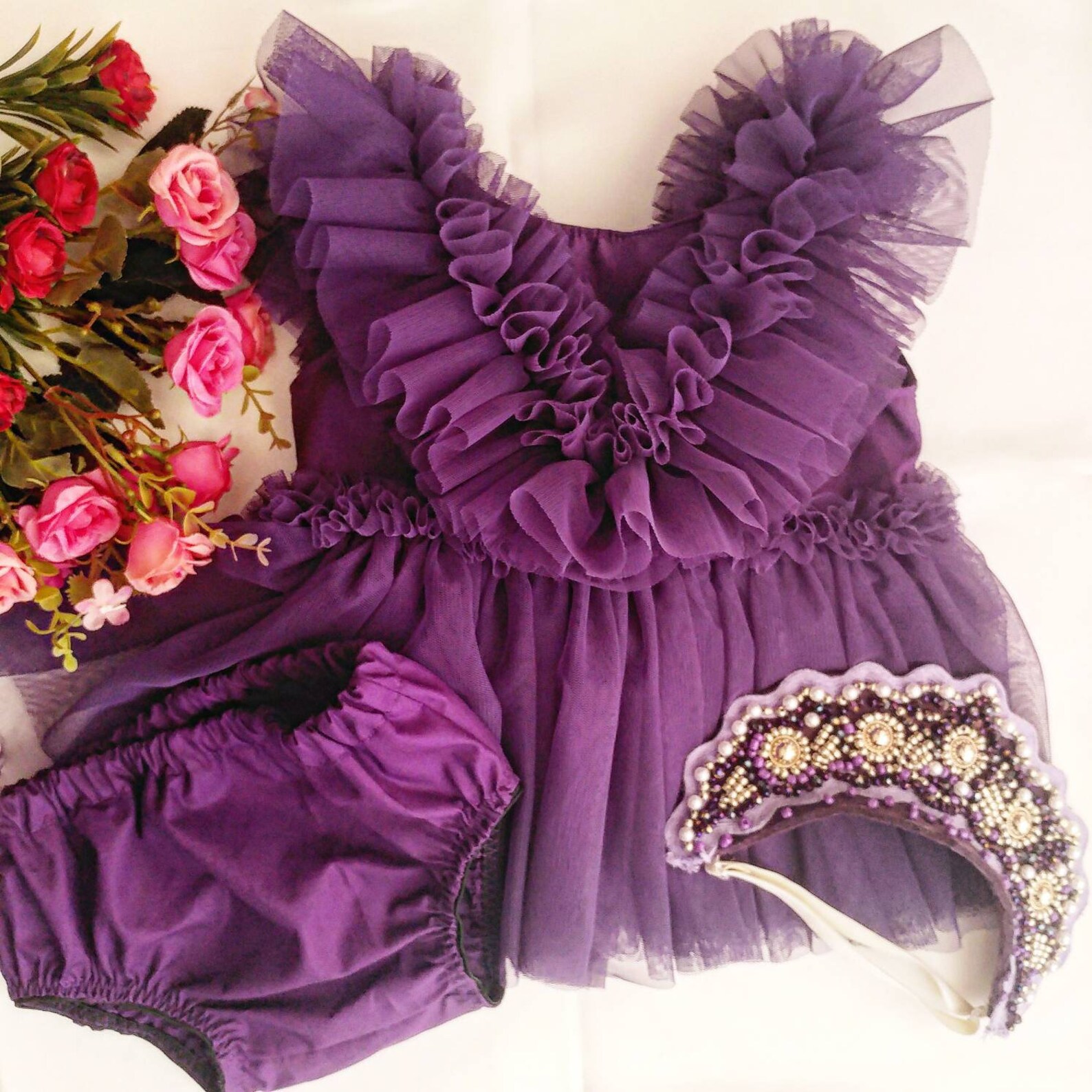 Baby Shower Gift 3 Pcs Set Dark Purple Tulle Baby Dress. - Etsy