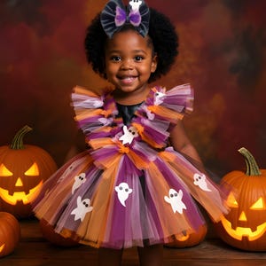 May include: A young child wearing a Halloween tutu dress with orange, purple, and white layers, adorned with ghost cutouts. The child is smiling, with a matching bow in their hair. Lit jack-o'-lanterns flank the child.