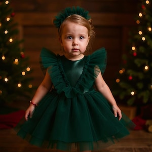 Emerald Green Tulle Dress Flower Girl Dress Satin Dress Baby Girls Dresses Toddler Girl Birthday Gown Dress Occasion Tutu Party Dress