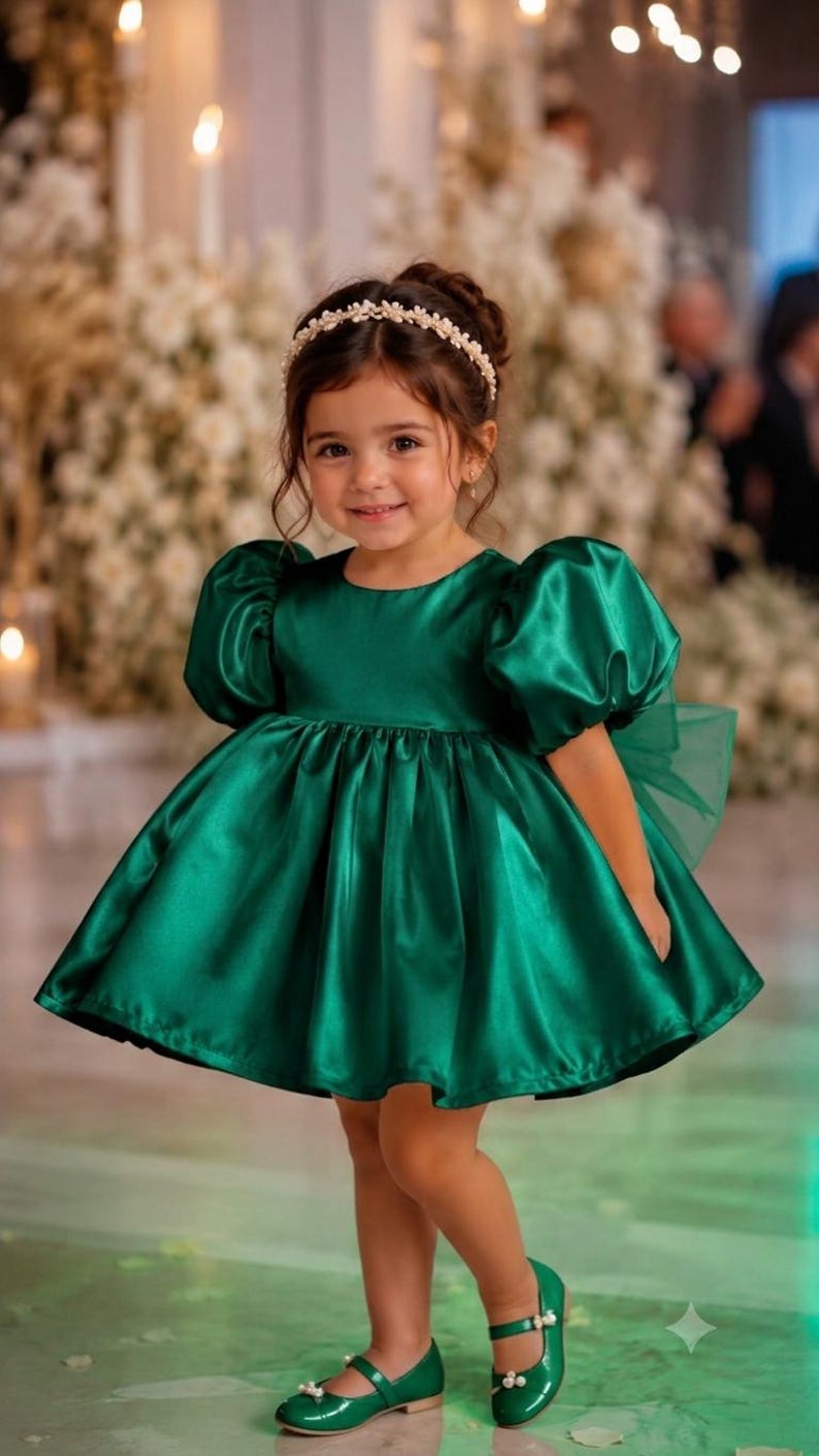 May include: A dark emerald green satin dress featuring short puff sleeves, a round neckline, and a full, pleated skirt. The dress is paired with a white pearl-embellished headband and matching dark emerald green patent leather Mary Jane shoes.