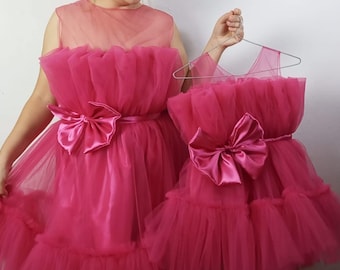 Hot Pink Women Party Dresses with Tulle Hairband, Women dresses wedding guest, tulle dress women, mini tulle dress, furbelow dress