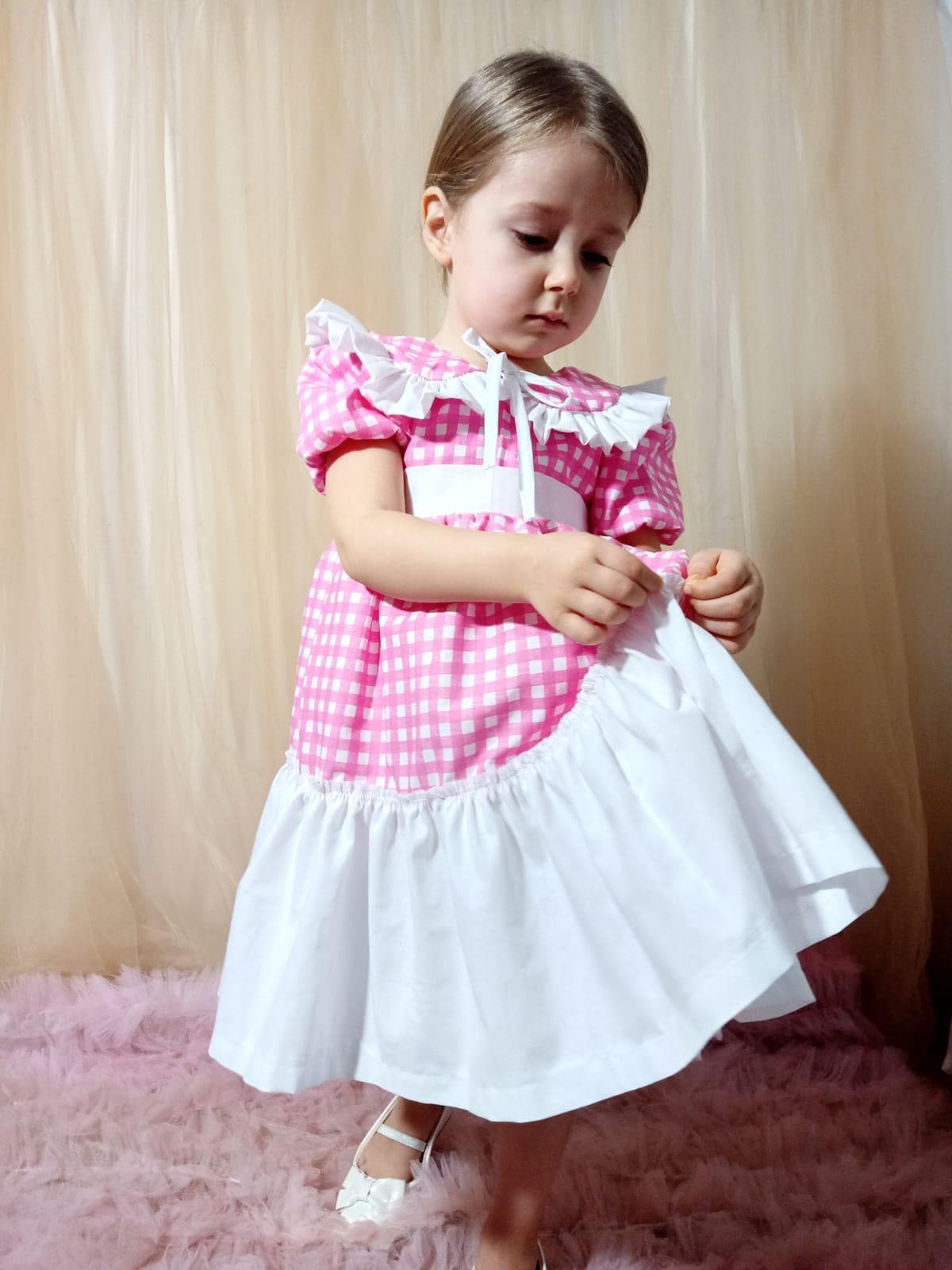 Pink Gingham Ruffle Dress, Toddler Ruffle Dress, Handmade Girls
