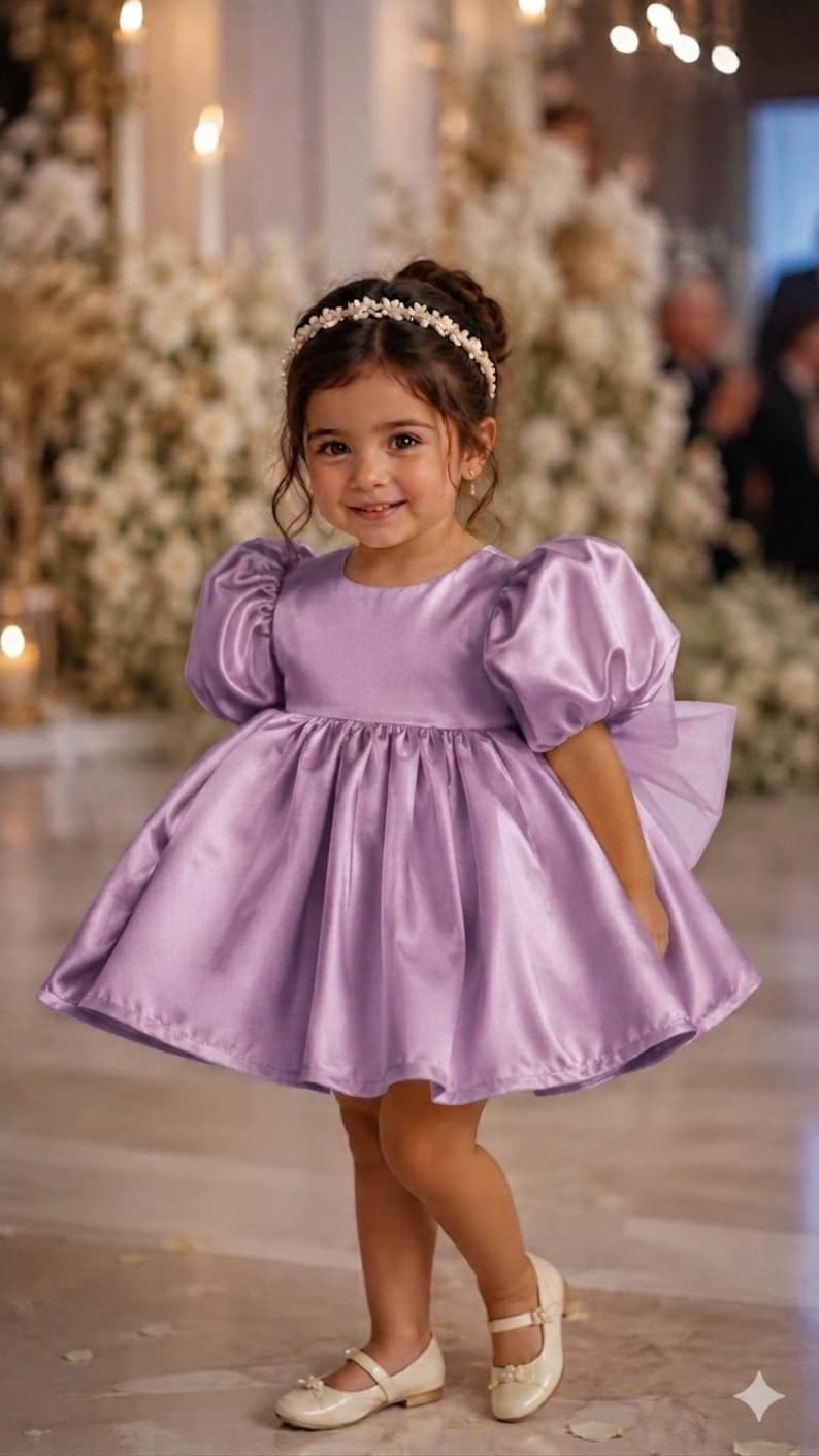 May include: A lavender satin dress featuring short puff sleeves, a round neckline, and a full, pleated skirt. The dress is paired with a white pearl-embellished headband and cream-colored flat shoes with a single strap across the top of the foot.