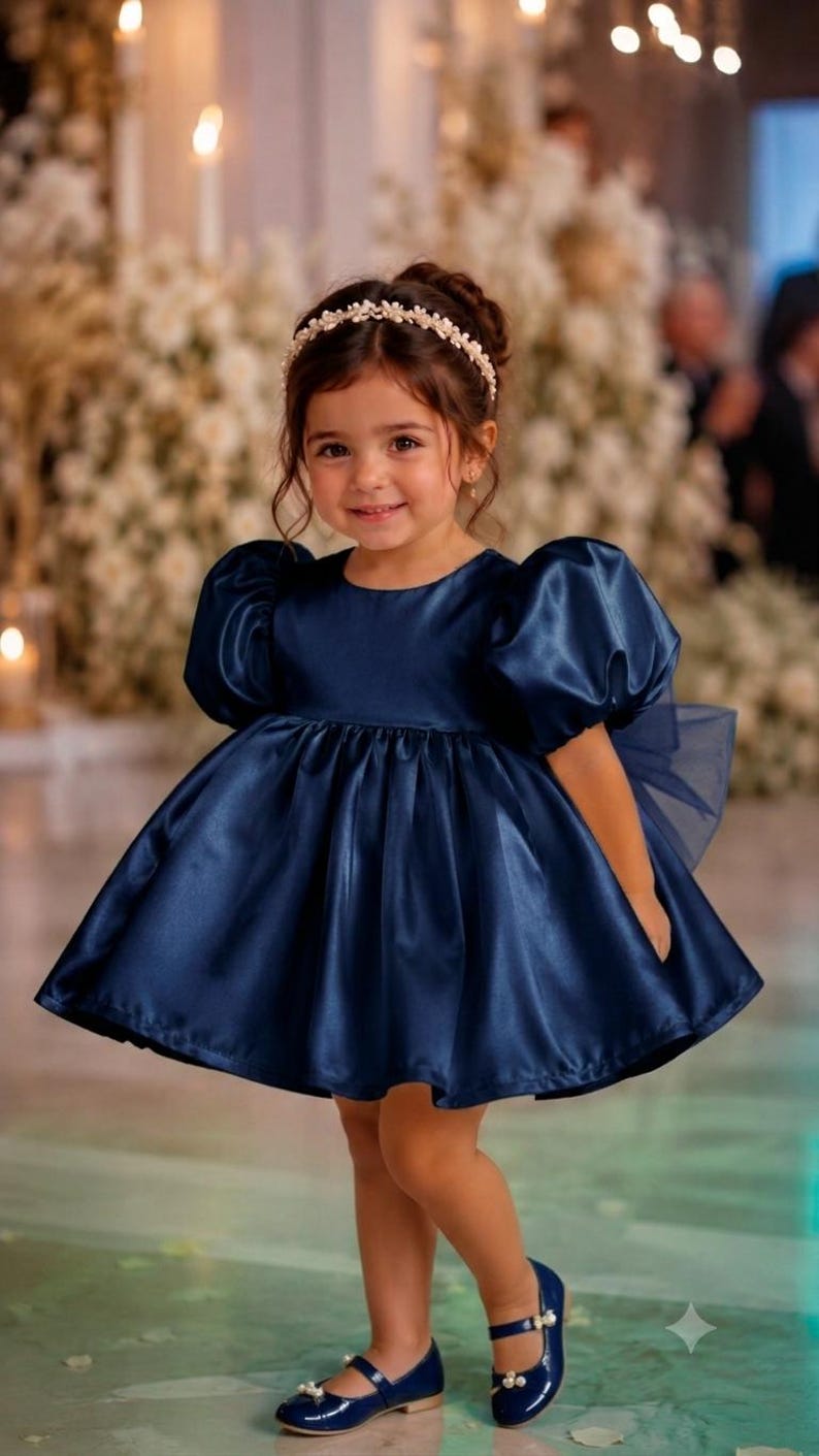 May include: A navy blue satin dress with short puff sleeves, a round neckline, and a full, pleated skirt. The dress features a sheer tulle bow at the back. The outfit is paired with a pearl-embellished headband and navy blue patent leather shoes.