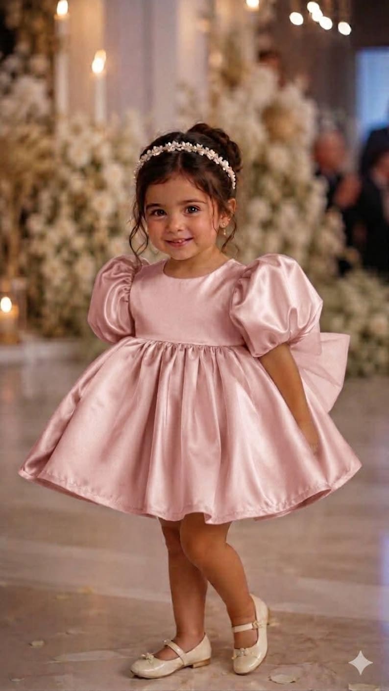 May include: A light pink satin dress featuring short puff sleeves, a round neckline, and a full, pleated skirt. The dress is paired with a white floral headband and cream-colored flat shoes with a single strap across the top of the foot.