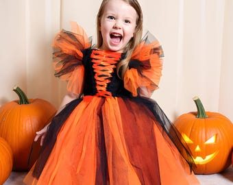 Halloween Dress for Girl with Treat Pocket – Black Satin, Black and Orange Tulle Costume | Toddler & Baby Outfit with Headband