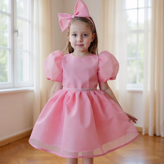 Elegant Organza & Cotton Baby Dress with Detachable Bow, Fluffy Toddler Dress,Bubble Sleeve Dress,Baptism Gown,1st Birthday Dress