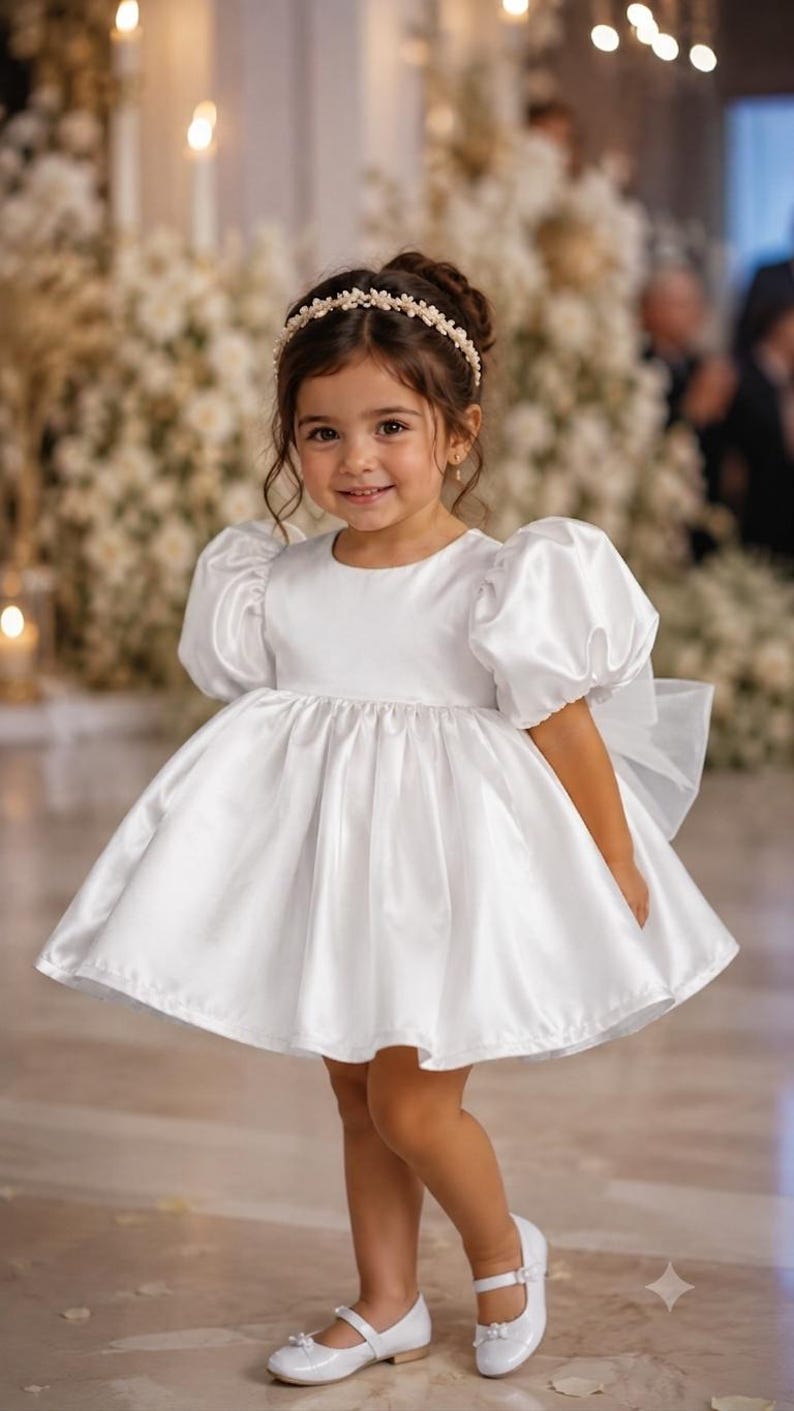 May include: A white satin dress with short puff sleeves, a round neckline, and a full, pleated skirt. The dress features a large bow on the back and is paired with white patent leather Mary Jane shoes and a pearl-embellished headband.