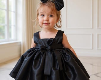 3T dress, Black satin baby dress, simple chic baby dress, satin baby dress and Hair band, 3T Girls Clothes,, 2 year old Girl Gift