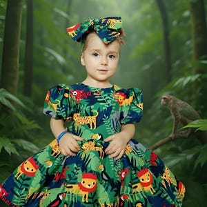 3T Dress, Ready to Ship Girls jungle theme dress, Cartoon Character Dress, Safari outfit baby girl, Mom Daughter Dresses, 3T Girls Clothes