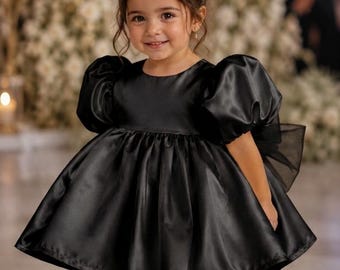 Black Toddler Party Dress, Organic Cotton Lining, Color Options, Puffy Sleeve Satin Dress for Girls, Birthday Dress, Flower Girl Dress