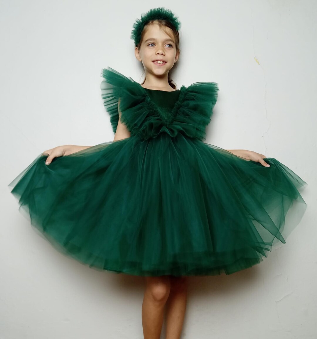 Illusion Pleated Tulle A-line Knee-length Girl Dress Emerald