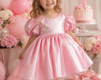 Pink Flower Girl Dress with Tulle Bow Train, Satin Puff Sleeve Toddler Dress, Birthday Dress for Girl, Wedding Party Dress, Custom Girl Dre