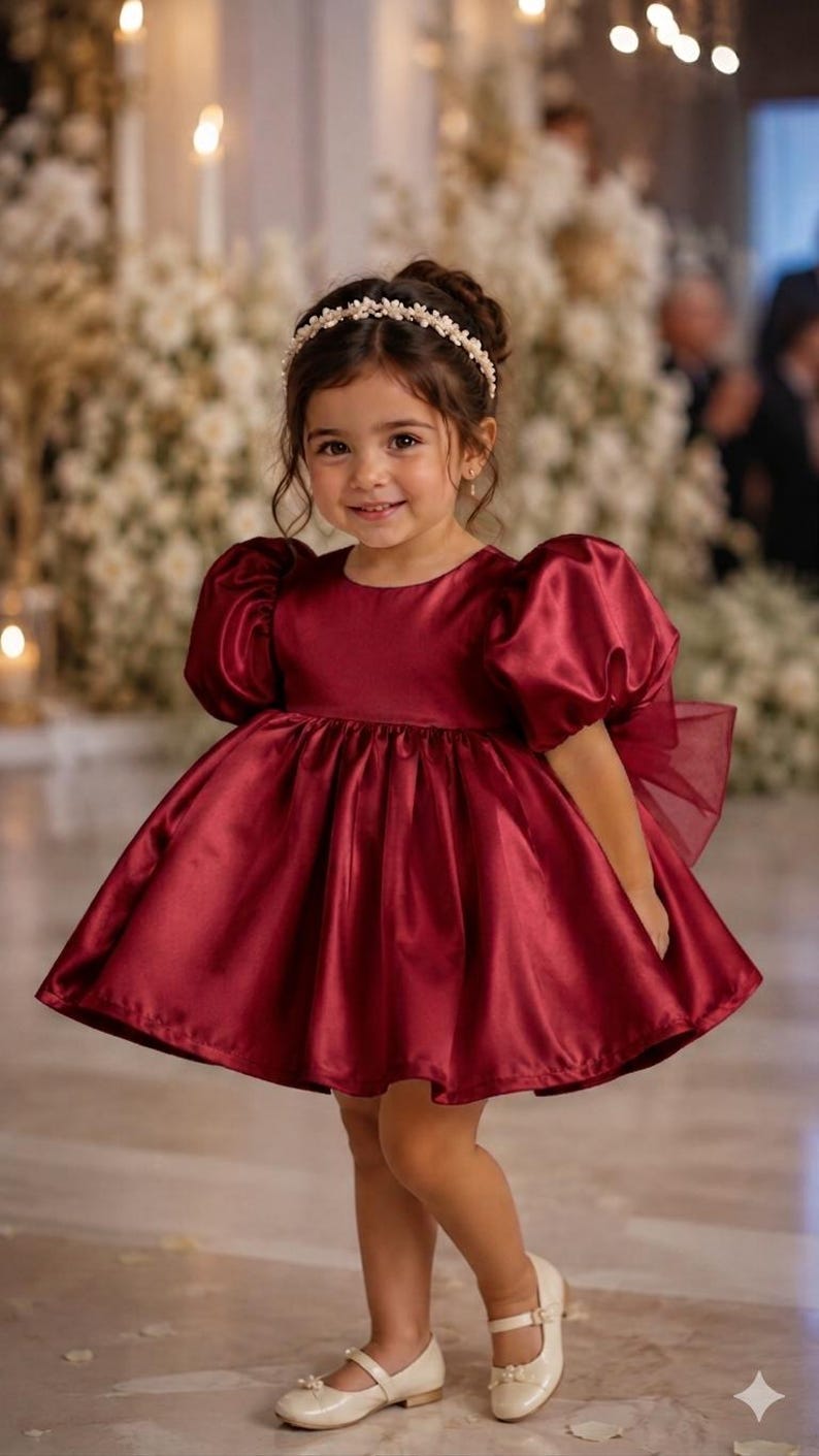 May include: A deep burgundy satin dress featuring short puff sleeves, a round neckline, and a full, flared skirt. The dress includes a large sheer bow detail at the back. The garment is paired with cream-colored Mary Jane shoes and a pearl headband.