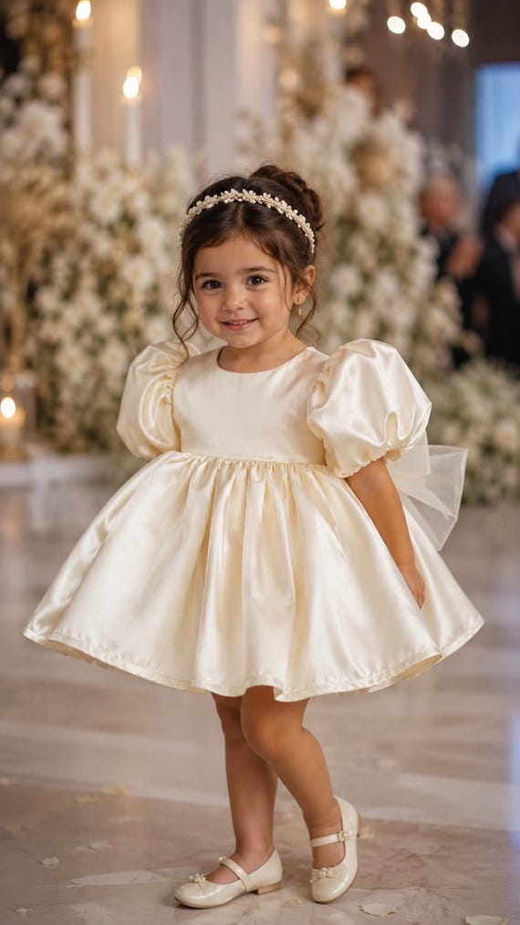 Flower Girl Dress, Organic Cotton Lining, Color Options, Satin Toddler Dress, Ivory Wedding Dress, Girl Birthday Dress, Puff Sleeve Dress