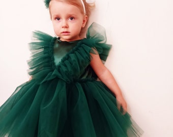 Emerald Green Tulle Dress Flower Girl Dress Satin Dress Baby Girls Dresses Toddler Girl Birthday Gown Dress Occasion Tutu Party Dress