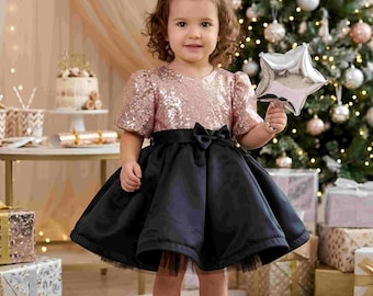 Copper Sequin & Black Satin Toddler Dress – 1st Birthday Outfit Girl, Princess Party Dress, Flower Girl, Wedding Guest Dress