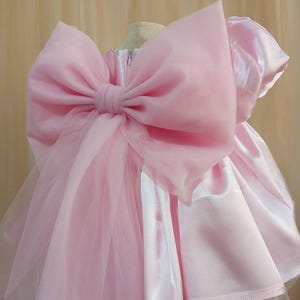 May include: A light pink dress featuring a large, sheer organza bow attached to the back. The dress is constructed from a smooth, satin-like fabric with short sleeves and a zipper closure visible at the center back, accented by layers of tulle.