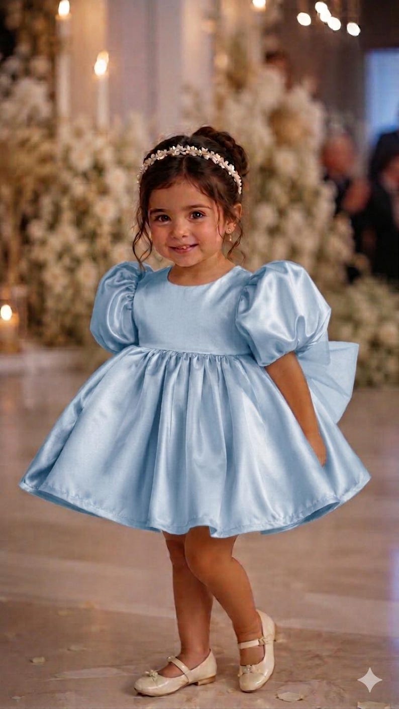 May include: A light blue satin dress featuring short puff sleeves, a round neckline, and a full, pleated skirt. The dress includes a large bow detail on the back and is paired with cream-colored flat shoes and a floral headband with small white flowers.