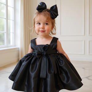 Black satin baby dress, simple chic baby dress, satin baby dress and hair band.