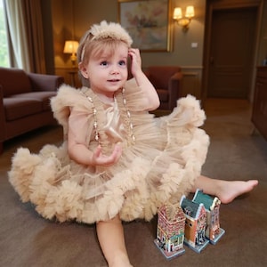 Light Coffee Brown Fluffy Tulle Dress, Handmade Boho Baby Dress for Special Occasions, Fluffy Tulle Dress, 1st Birthday Outfit, Toddler Girl