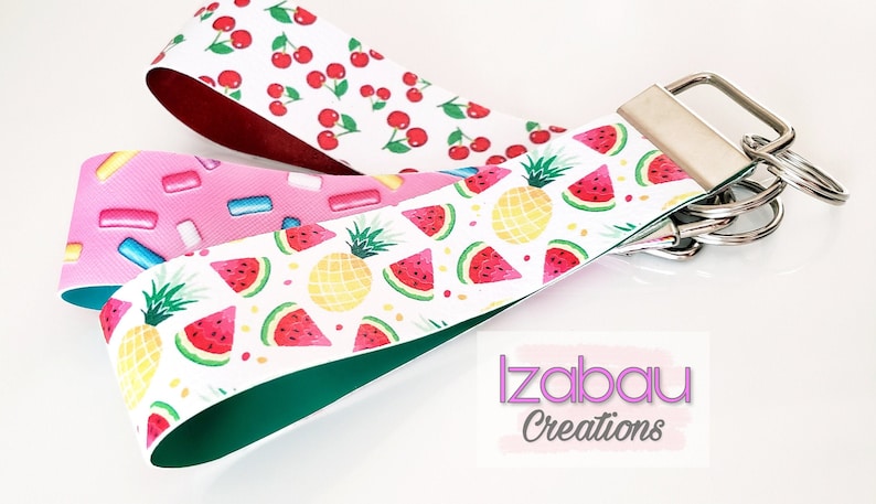 Fruity Sweet Print Faux Leather Key Fob Wristlet Keychain Watermelon PineappleCherriesSprinkles