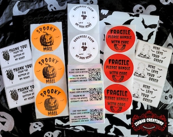 May include: A collection of Halloween-themed stickers with various designs and text. Includes orange pumpkin stickers that say "Spooky Mail", white ghost stickers, and red "Fragile" stickers. Also includes stickers that say "Thank You! From the Bottom of My Heart".