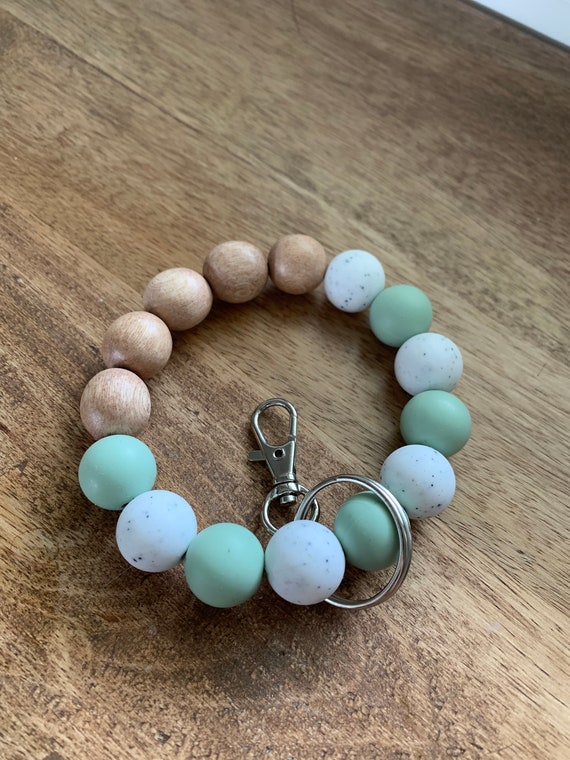 Stretchy Silicone Wood Bracelet Keychain Stretchy Key Ring Silicone Key Ring Beaded Wristlet