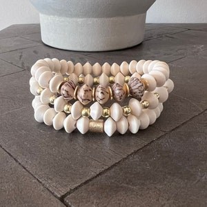 White Wooden Saucer Bead Bracelet Stack/Chunky Bracelet/Wood Bead Bracelet/Stacking Bracelet/Boho Bracelet/Bridal Stack