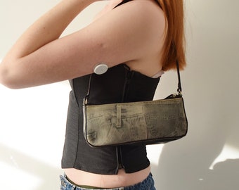 Vintage Denim Print Shoulder Bag , Mini Baguette Bag , 90s Y2k Bag , Womens Hand Bag , Vintage Bag