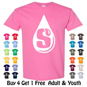 May include: A pink t-shirt with a white graphic of a stylized "S" inside a teardrop shape. The image includes a variety of colored t-shirts and the text "Buy 4 Get 1 Free Adult & Youth".