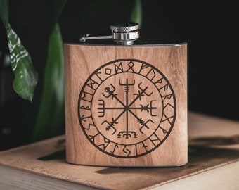 Vegvisir Wikinger Navigation Kompass Eiche Holz Hip Flask