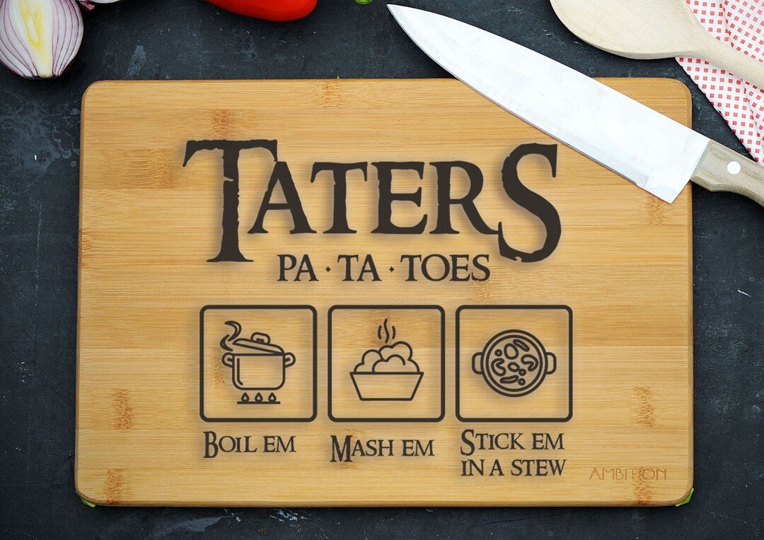 Lord of the Rings Engraved Wooden Chopping Board Potatoes Taters Cheese