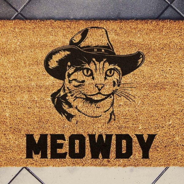 Meowdy CAT Zerbino, Zerbino divertente, Zerbino divertente, Regalo di compleanno, Regalo di nozze, Zerbino gattino cowboy, Cowboy tappetino di benvenuto